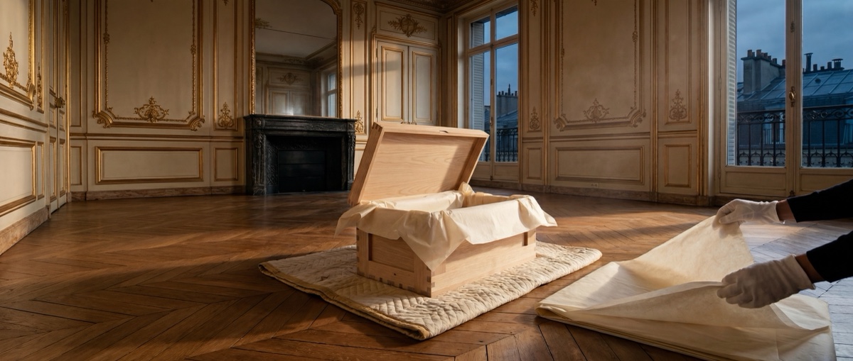 Salon haussmannien parisien vide au crépuscule · cheminée de marbre, boiseries dorées, parquet point de Hongrie · caisse muséale en bois sur mesure ouverte au centre avec papier de soie · mains gantées blanches finissant l'emballage · vue sur les toits de Paris