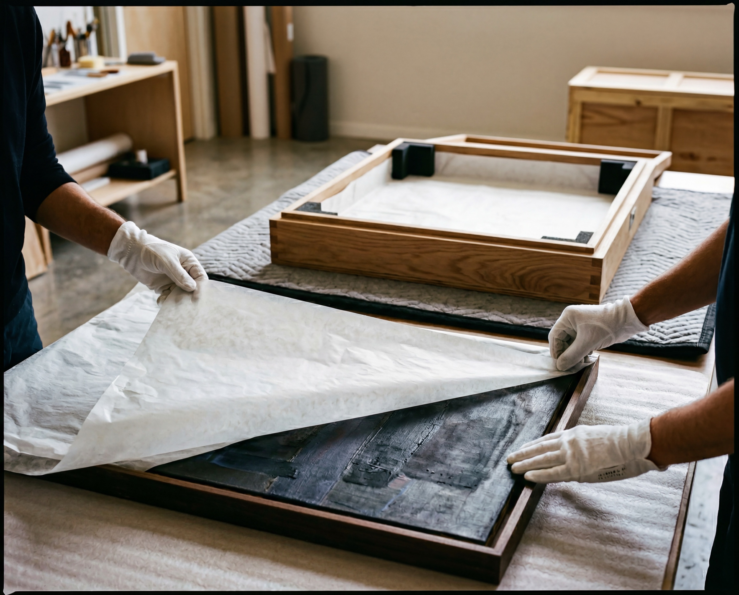 Tableau encadré en cours d'emballage par deux paires de mains gantées blanches, papier de soie sans acide déplié, caisse bois sur mesure et couverture matelassée dans atelier d'art handling Griffon Movers