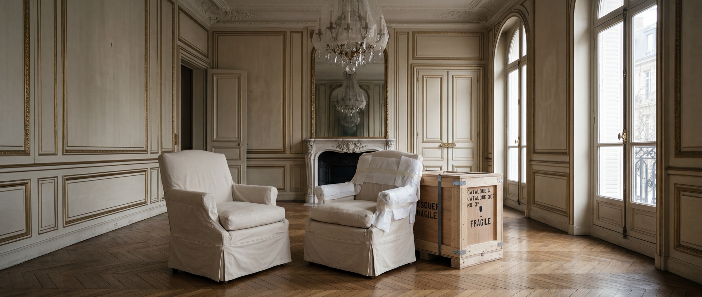 Salon haussmannien crème avec moulures dorées, lustre cristal, fauteuils Bergère emballés sous housses Griffon Movers et caisse en bois marquée Fragile