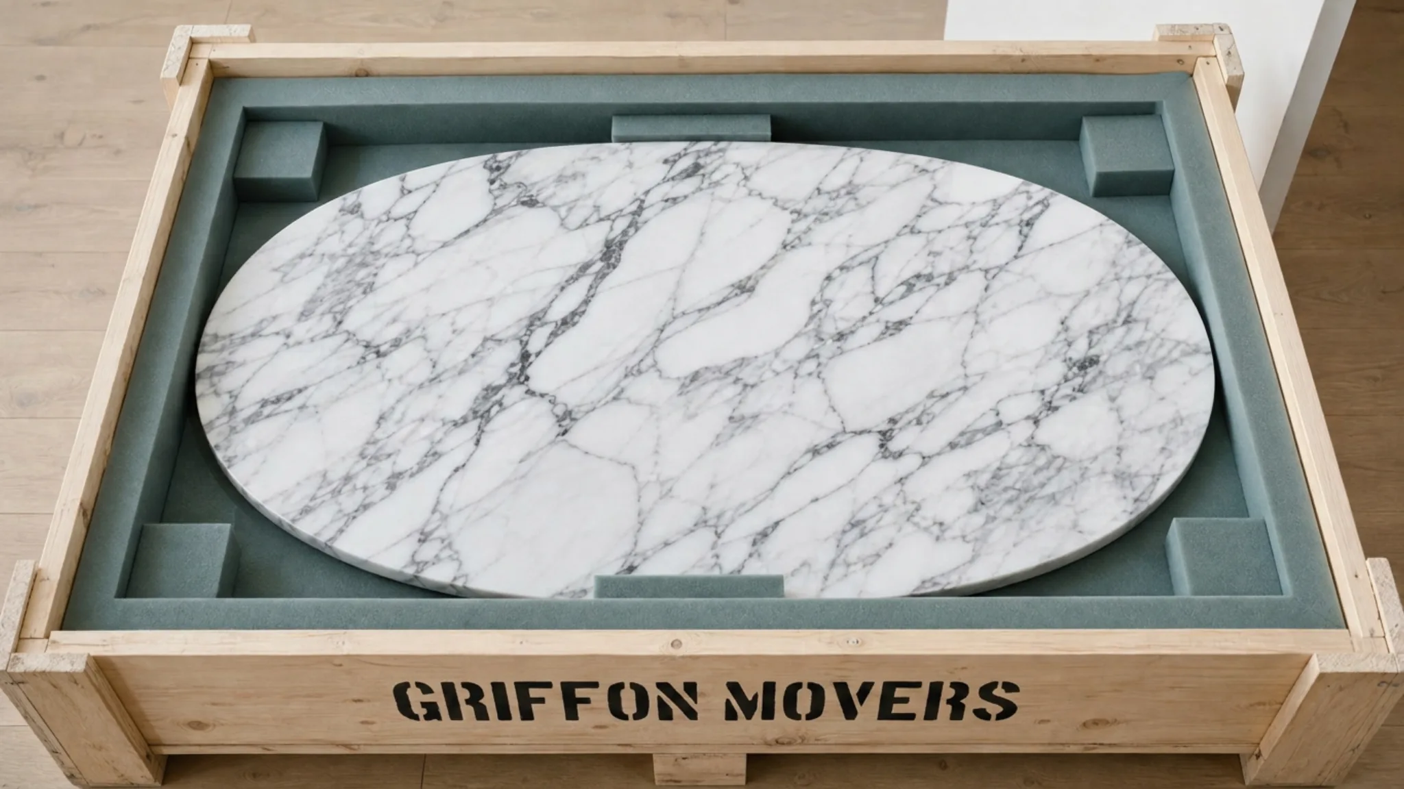 Plateau marbre Calacatta d'une table tulipe Knoll conditionné dans une caisse bois sur mesure Griffon Movers · calage mousse haute densité · protocole musée