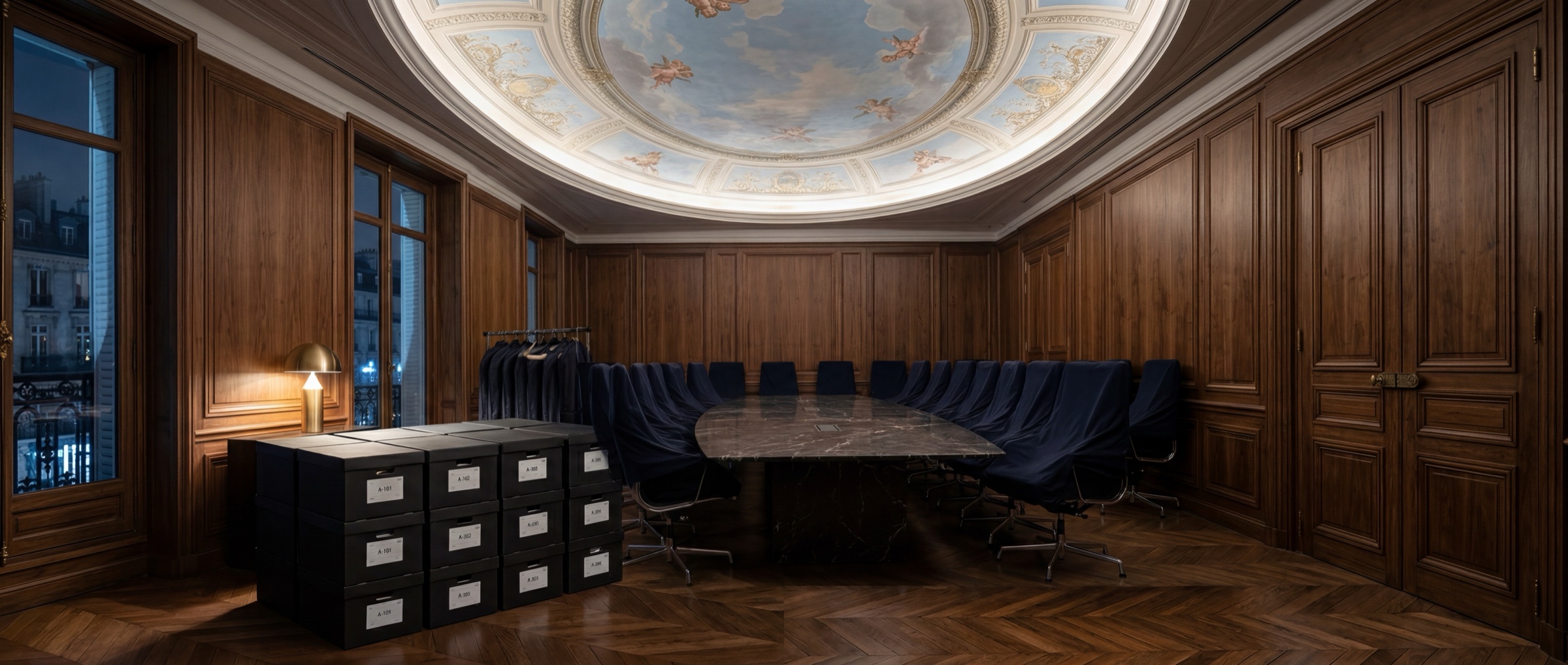 Boardroom corporate parisien avec coupole peinte trompe-l'œil, boiseries en noyer, table de marbre et chariot d'archives Griffon Movers