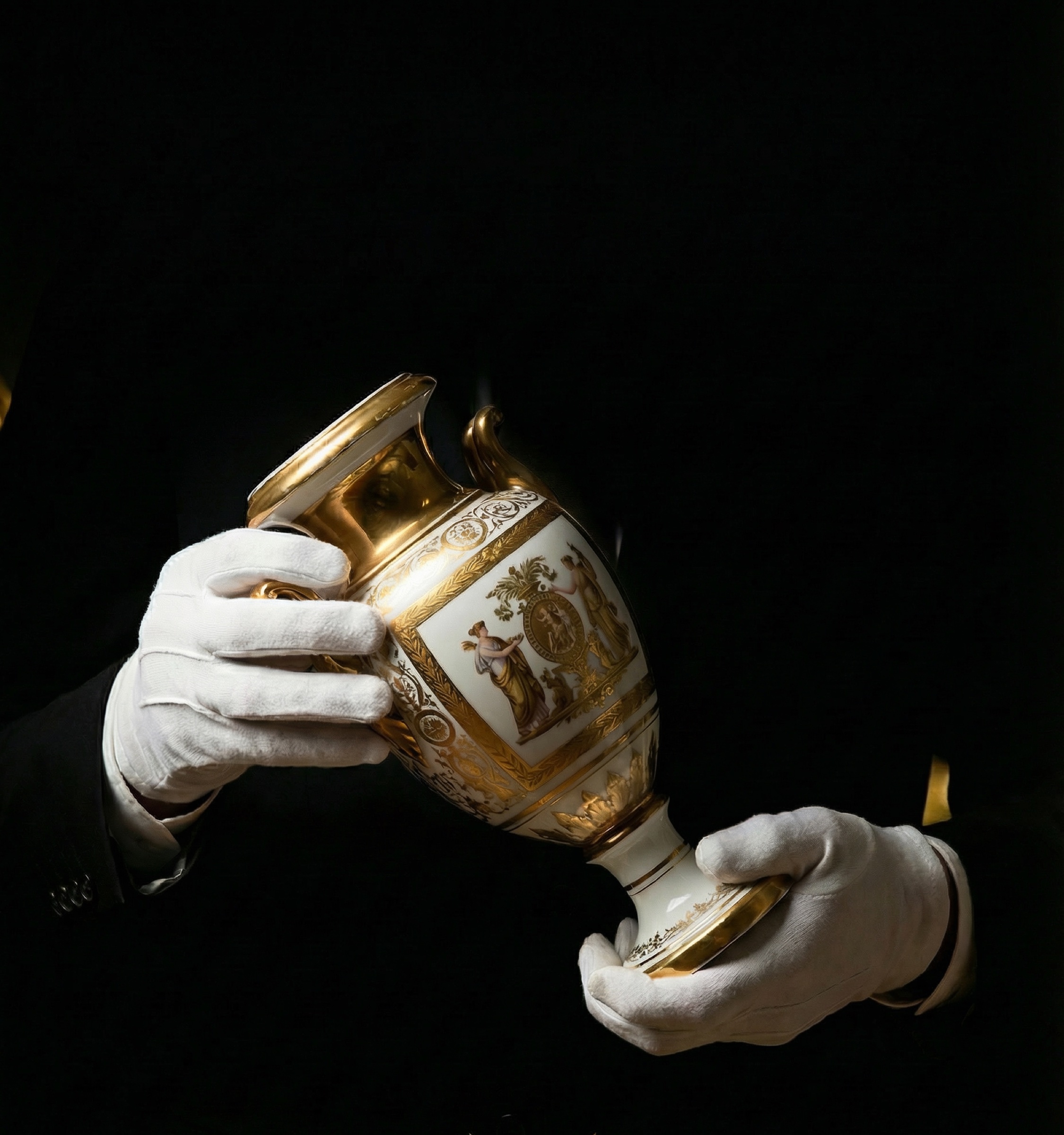 Mains gantées de blanc manipulant un vase Empire doré, transport d'oeuvres d'art pour galerie Saint-Germain